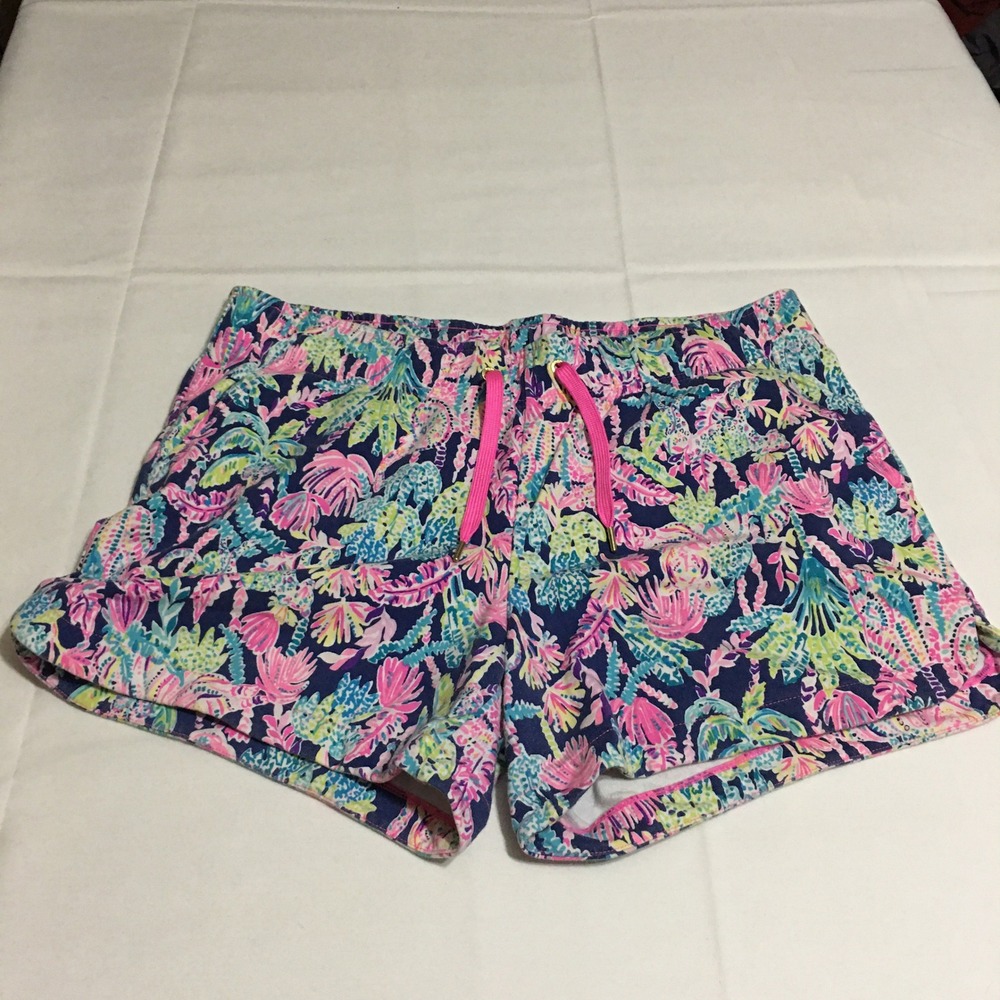 Lilly Pulitzer Terry Shorts Womens Size XL Tropical Palm Floral Pink Drawstring